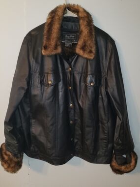 Terry Lewis 100% Genuine Leather Jacket Black Brown Faux Fur Trim Coat 2XL